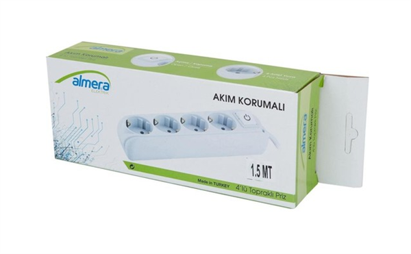 Almera 4Lü Akım Korumalı Anahtarlı Priz 1,5 Mt