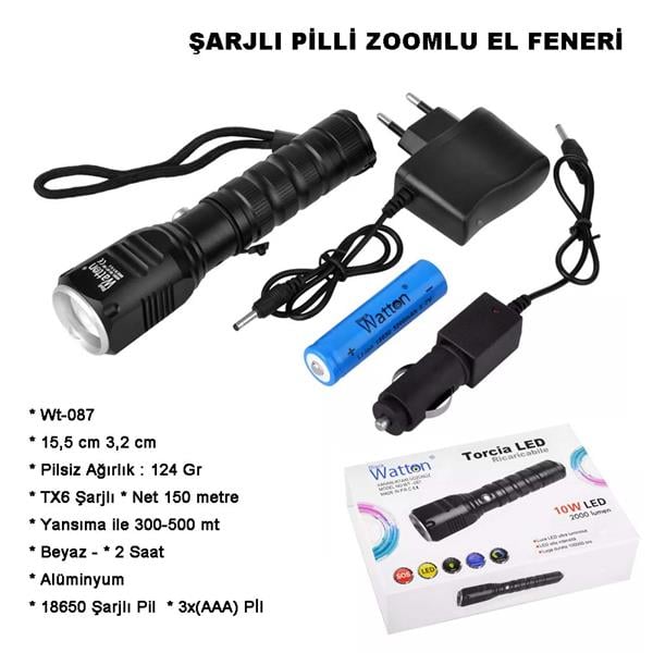 Şarjlı Pilli Zoomlu EL Feneri Watton Wt-087