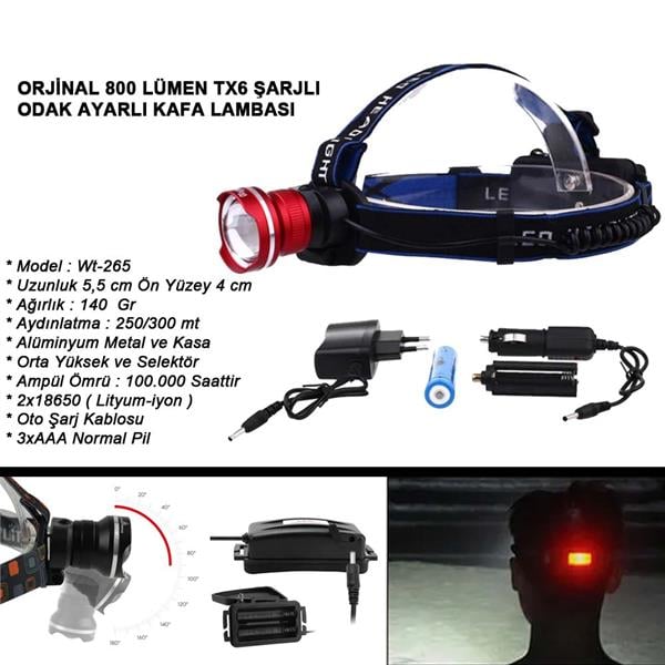 Orjinal 800 Lümen T6 Şarjlı Kafa Feneri Watton Wt-265