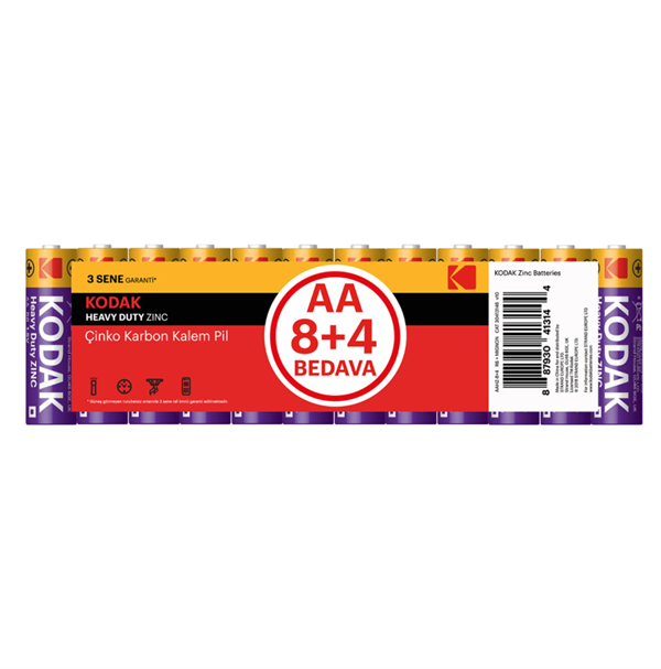 KODAK AA Shrink Çinko Karbon 8+4 Kalem Pil