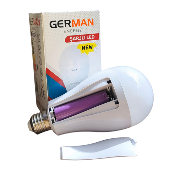 German E27 Şarjlı Led Ampul  30W | 1650 Lümen | 6500k | 80 Ra | 25000 Saat Yanma Süresi | 2x2000mAh 18650 Pil Dahil