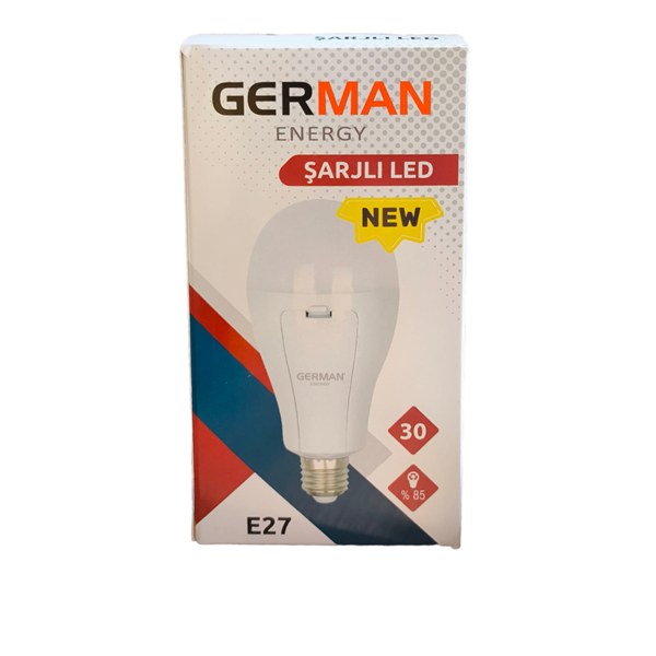 German E27 Şarjlı Led Ampul  30W | 1650 Lümen | 6500k | 80 Ra | 25000 Saat Yanma Süresi | 2x2000mAh 18650 Pil Dahil