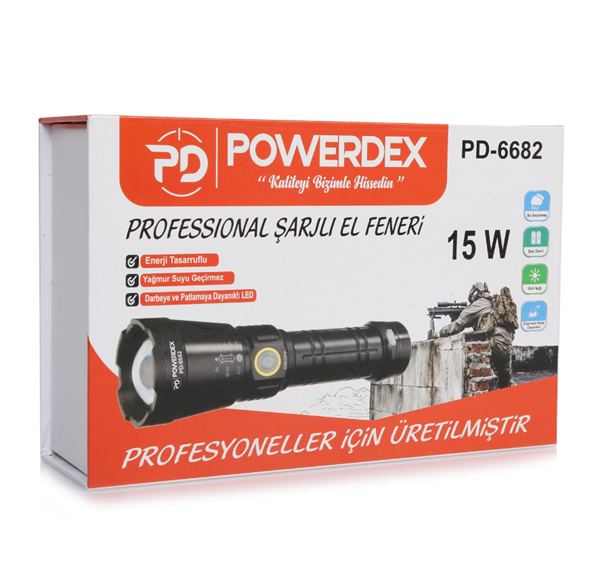 Powerdex PD-6682  Profesyonel 15 w Zoomlu Şarjlı Güçlü El Feneri