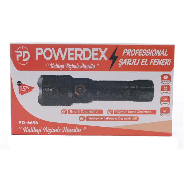 Powerdex PD-6696 Yağmur Suyu Geçirmez 15Watt Süper LED Profesyonel Şarjlı El Feneri