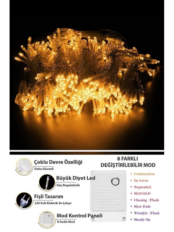 Perde Led 2,5 x2,5 8 Fonksiyonlu  12 Saçaklı 180 Ledli Kablolu Fişli