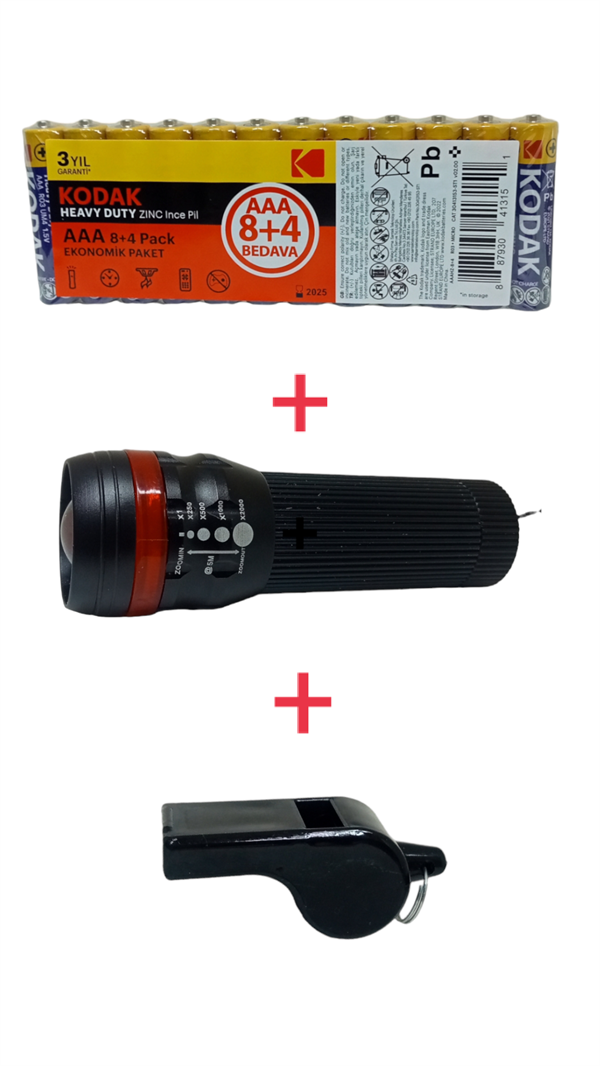 Polizei P30 Zoomlu Pilli El Feneri Düdük Ve Kodak Pil Seti