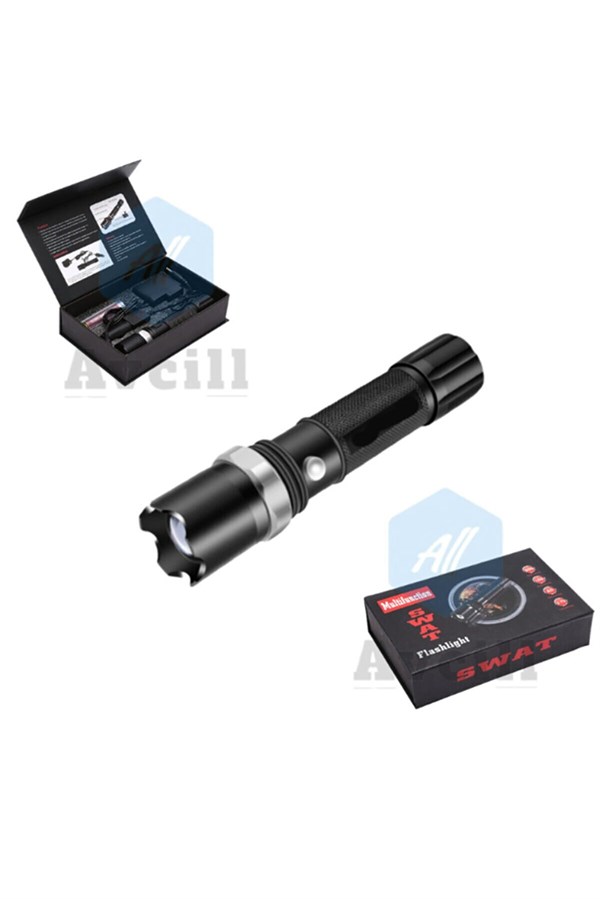 Swat PS-110 Profesyonel Şarjlı El Feneri Uzun Menzilli Şarjlı Zoomlu Süper Güçlü Acil Durum Feneri