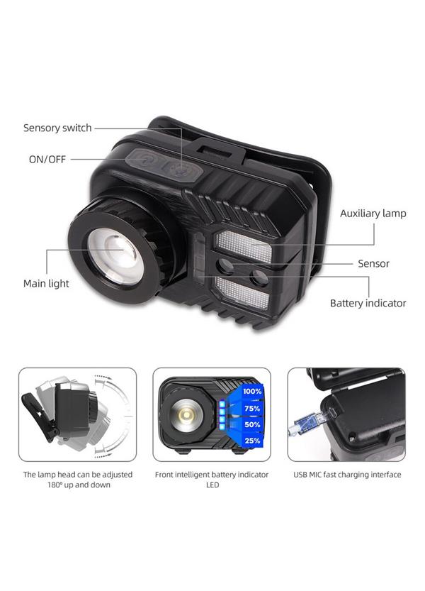 Peakstar PS-571 Sensör XPG COB LED USB Şarj Edilebilir Lityum Pilli Zoomlu Kafa Lambası
