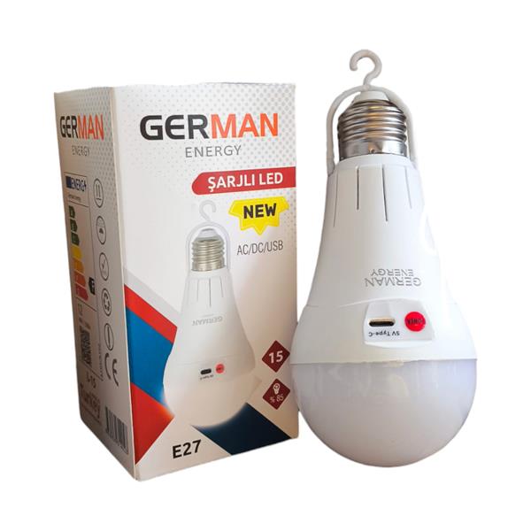 German E27 Askılı Şarjlı Led Ampul  15W | %85 Enerji Tasarrufu | 1120 Lümen | 6500K | 80 Ra | 25000 Saat Yanma Süresi | 1 Adet 1500mAh 18650 Pil Dahil