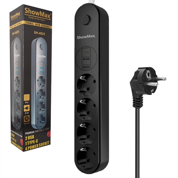 Showmax Termal Akım Korumalı 4’lü Priz 2 USB 1 Type-C 2 Metre Kablo