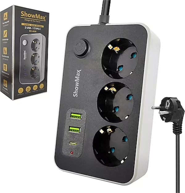 Showmax SH-4626 3’lü Priz Termal Akım Korumalı 2 USB 1 Type-C
