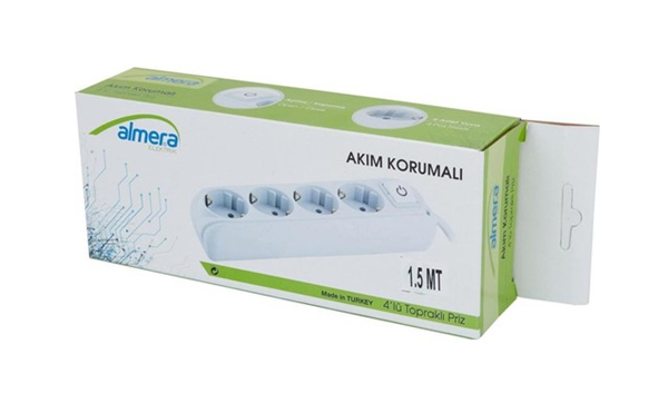 Almera 4Lü Akım Korumalı Anahtarlı Priz 1,5 Mt