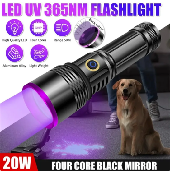 F.B.I F-365 UV LED Mor Işıklı 20Watt Şarjlı 26650 Pilli Profesyonel El Feneri