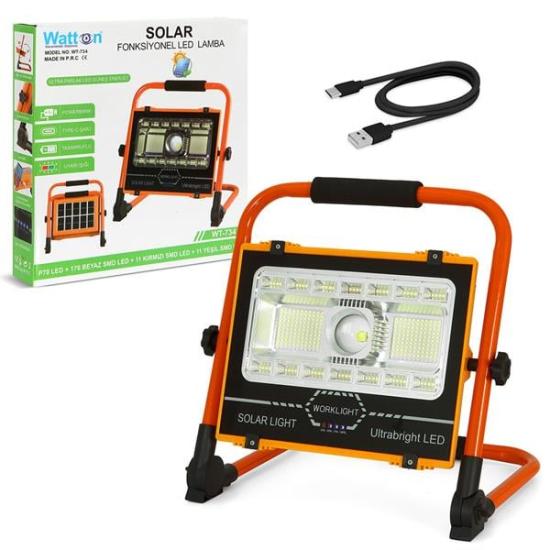 Watton WT-734 P70 LED Solar Panel Şarjlı Taşınabilir Projektör (176 SMD + Yan LED)