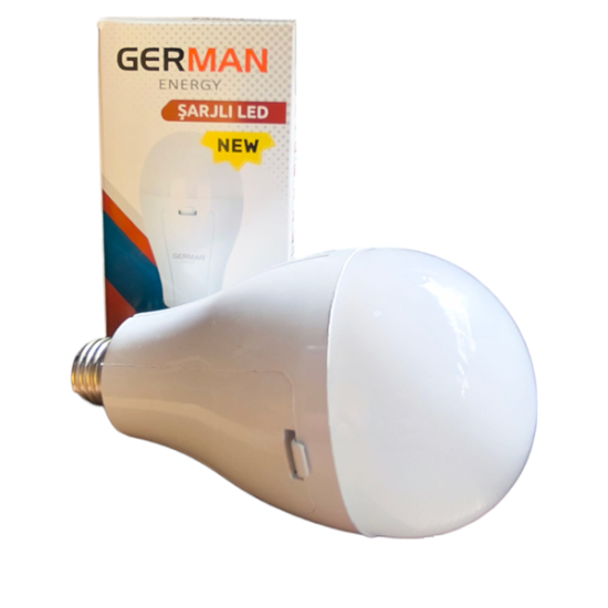 German E27 Şarjlı Led Ampul  30W | 1650 Lümen | 6500k | 80 Ra | 25000 Saat Yanma Süresi | 2x2000mAh 18650 Pil Dahil
