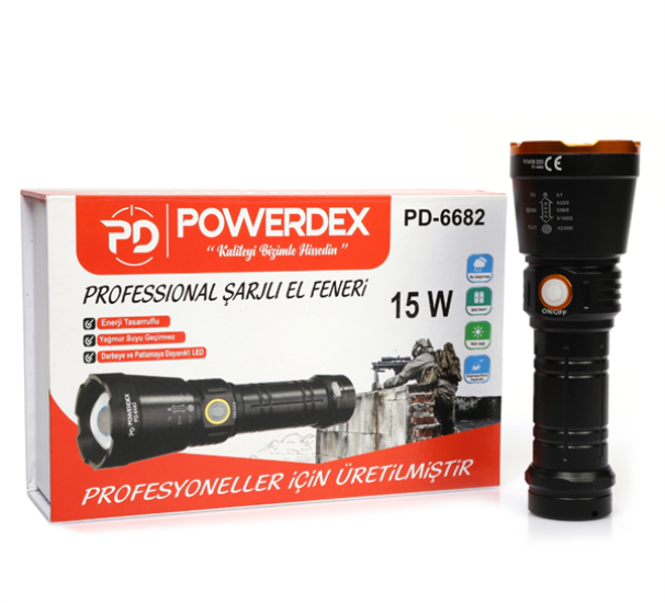 Powerdex PD-6682  Profesyonel 15 w Zoomlu Şarjlı Güçlü El Feneri