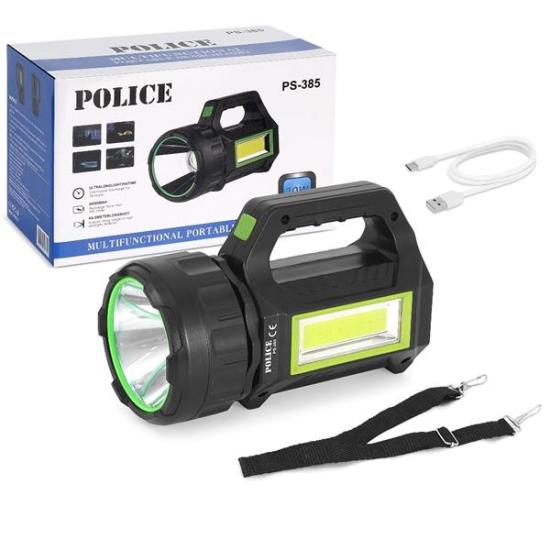 Police PS-385 Şarjlı Spot Fener - Parlak Yan Aydınlatma, Solar Şarj, 30W COB LED
