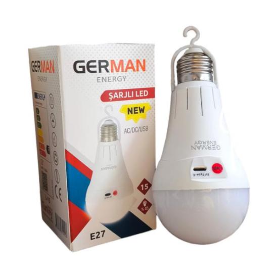 German E27 Askılı Şarjlı Led Ampul  15W | %85 Enerji Tasarrufu | 1120 Lümen | 6500K | 80 Ra | 25000 Saat Yanma Süresi | 1 Adet 1500mAh 18650 Pil Dahil