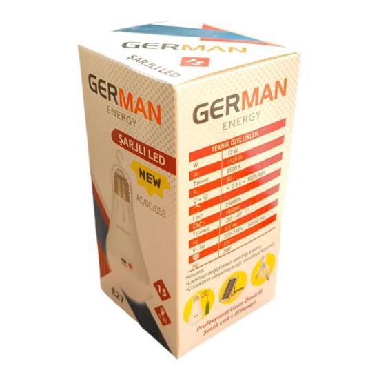German E27 Askılı Şarjlı Led Ampul  15W | %85 Enerji Tasarrufu | 1120 Lümen | 6500K | 80 Ra | 25000 Saat Yanma Süresi | 1 Adet 1500mAh 18650 Pil Dahil