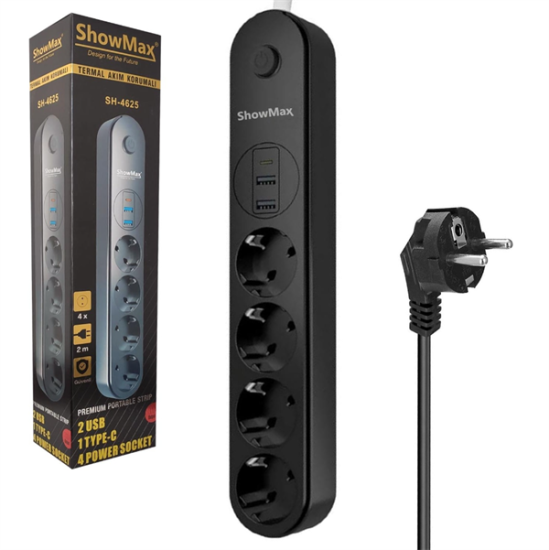 Showmax Termal Akım Korumalı 4’lü Priz 2 USB 1 Type-C 2 Metre Kablo