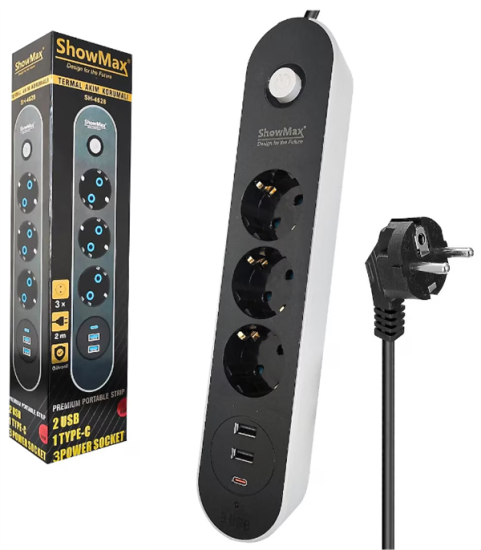 Showmax SH-4628 3’lü Priz Termal Akım Korumalı 2 USB 1 Type-C