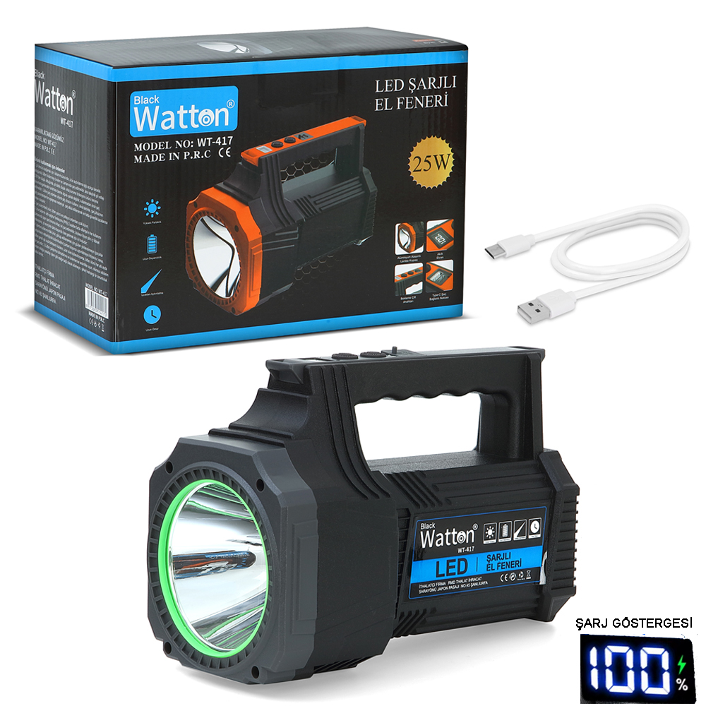25W LED Şarjlı El Feneri – Kamp, Av ve Acil Durum için Güçlü Aydınlatma WT-417