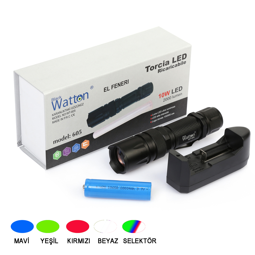 10W 2000 Lümen 4 Renkli Güçlü LED El Feneri Yüksek Performans Aydınlatma WT-605