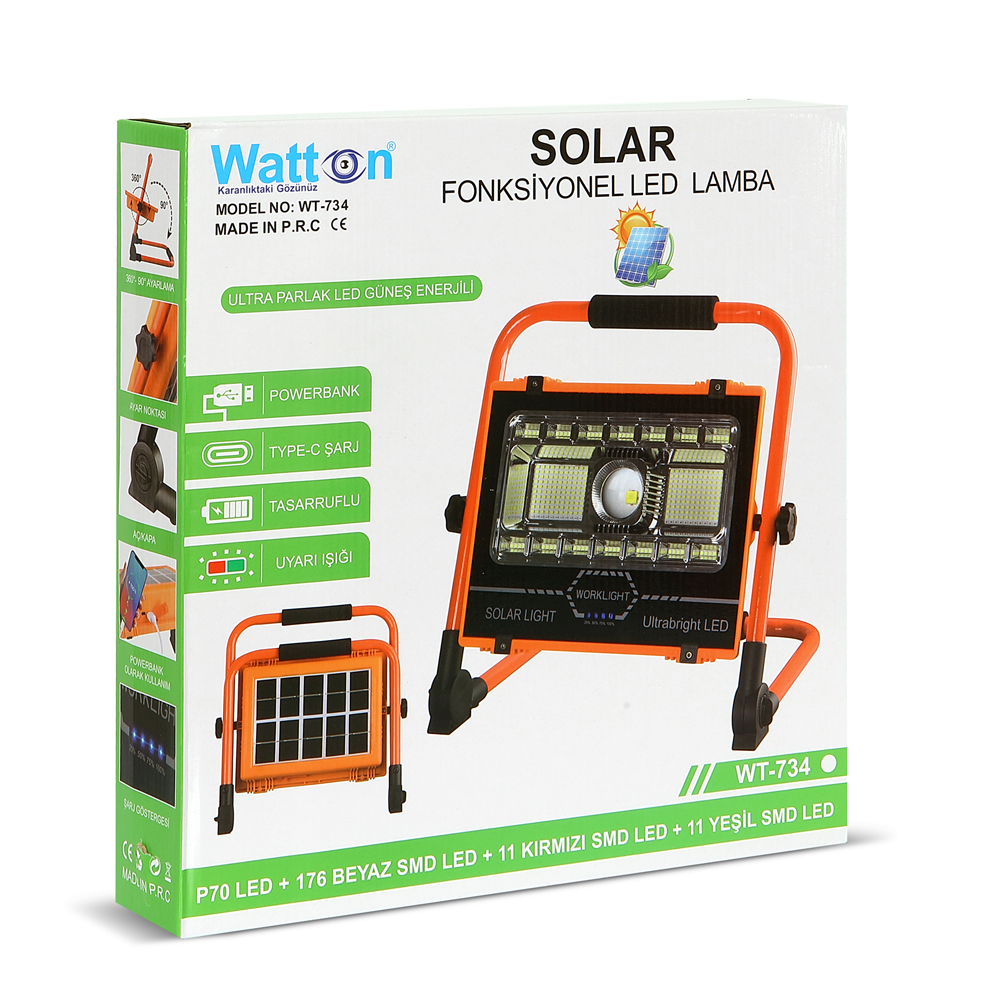 P70 LED Solar Panel Şarjlı Taşınabilir Projektör – 176 SMD + Yan LED, Güçlü Aydınlatma WT-734