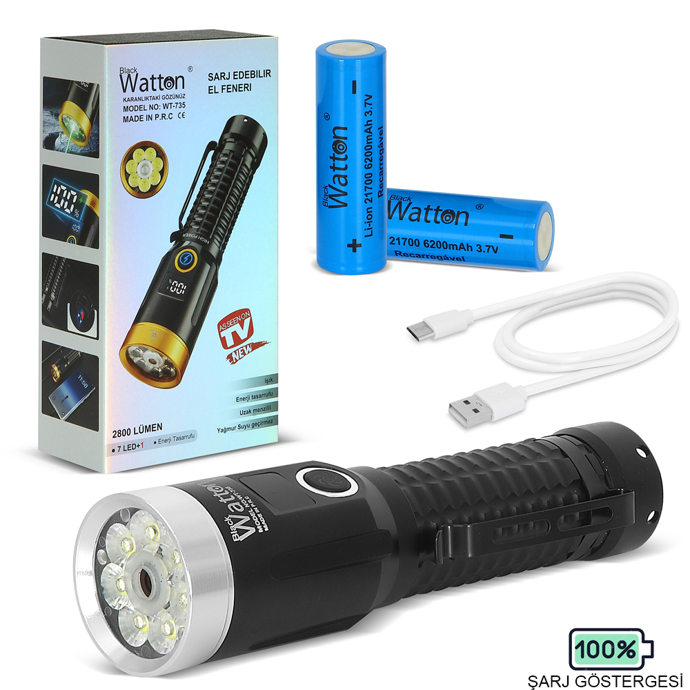 2800 Lümen Özel Seri LED Çalışma Lambası – Yeşil Lazer Özellikli, Mıknatıslı, USB Şarjlı El Feneri WT-735